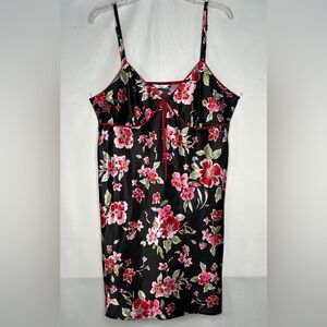 Adonna Black Satin Red Pink Floral Slip Dress Chemise Y2K Sz XL